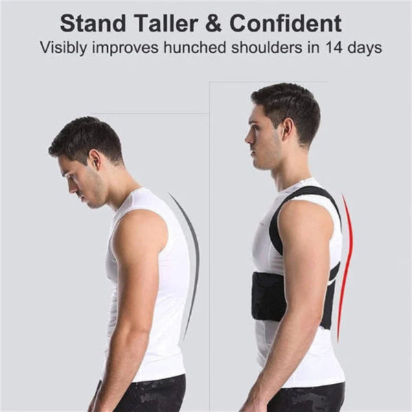 Before and after comparison of a person wearing a back brace to improve posture.